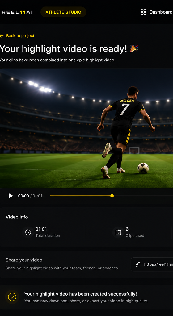REEL11 AI highlight ready screen